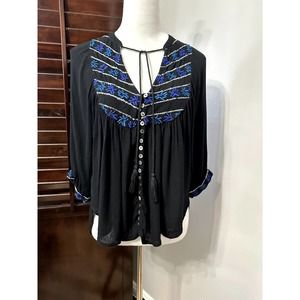 Free People Womens Peasant Blouse Black 3/4 Sleeve V Neck Tassel Embroidered XS